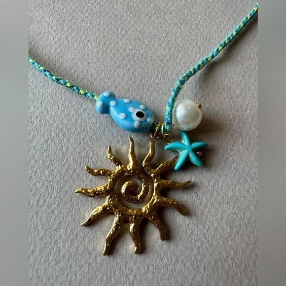 Sun Charm Necklace with Blue fish M541 - Picture 4 of 4